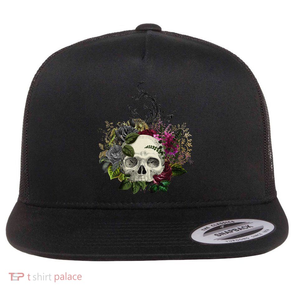Skull Flowers Flower Sugar Skull Tree Roses Women Halloween Flat Bill Trucker Hat
