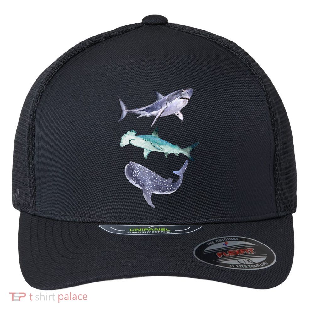 Shark Fans Great White Hammerhead And Whale Shark Lover Flexfit Unipanel Trucker Cap