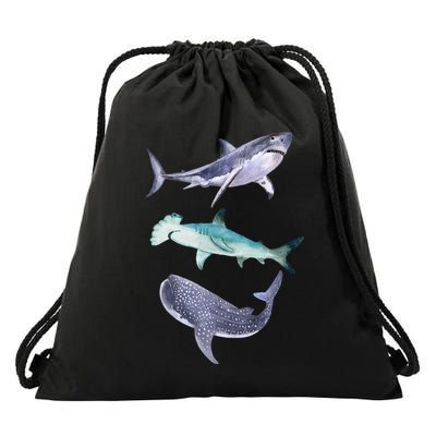 Shark Fans Great White Hammerhead And Whale Shark Lover Drawstring Bag