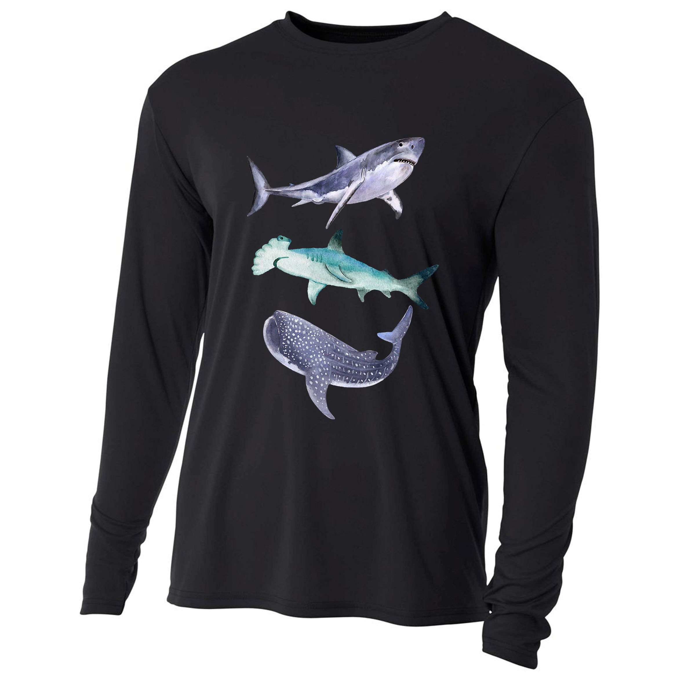 Shark Fans Great White Hammerhead And Whale Shark Lover Cooling Performance Long Sleeve Crew