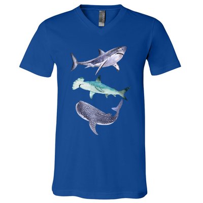 Shark Fans Great White Hammerhead And Whale Shark Lover V-Neck T-Shirt