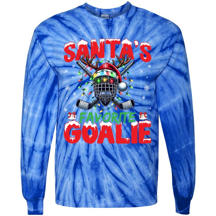 Santa’S Favorite Goalie Christmas Hockey Santa Hat Funny Gift Tie-Dye Long Sleeve Shirt