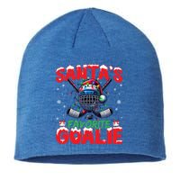 Santa’S Favorite Goalie Christmas Hockey Santa Hat Funny Gift Sustainable Beanie