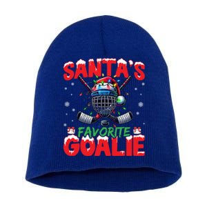 Santa’S Favorite Goalie Christmas Hockey Santa Hat Funny Gift Short Acrylic Beanie