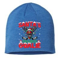 Santa’S Favorite Goalie Christmas Hockey Santa Hat Funny Gift Sustainable Beanie