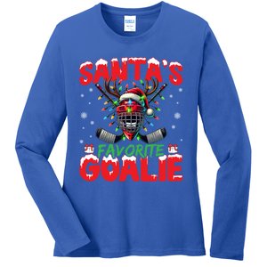 Santa’S Favorite Goalie Christmas Hockey Santa Hat Funny Gift Ladies Long Sleeve Shirt