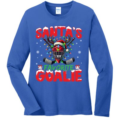 Santa’S Favorite Goalie Christmas Hockey Santa Hat Funny Gift Ladies Long Sleeve Shirt