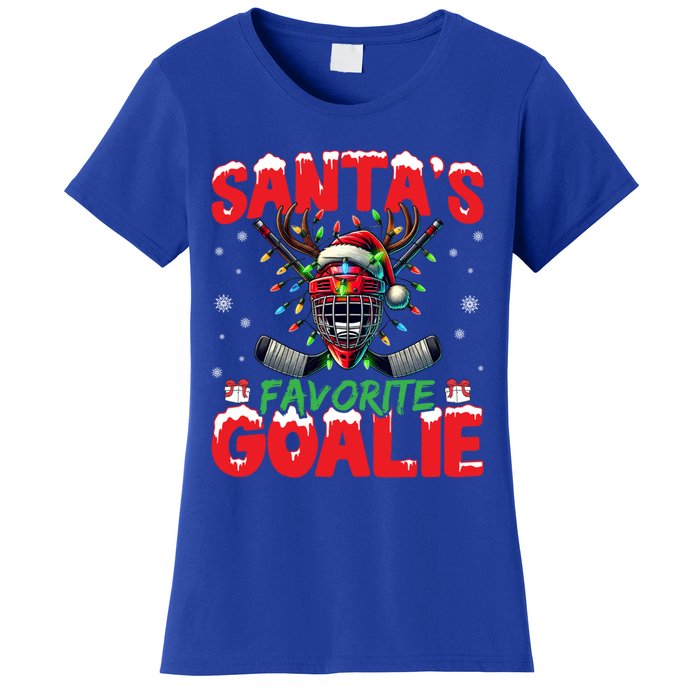 Santa’S Favorite Goalie Christmas Hockey Santa Hat Funny Gift Women's T-Shirt