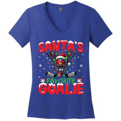 Santa’S Favorite Goalie Christmas Hockey Santa Hat Funny Gift Women's V-Neck T-Shirt