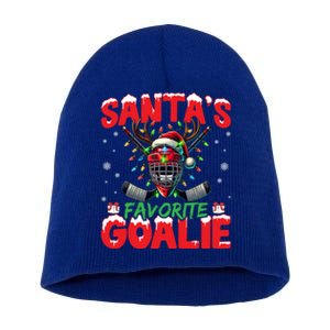 Santa’S Favorite Goalie Christmas Hockey Santa Hat Funny Gift Short Acrylic Beanie