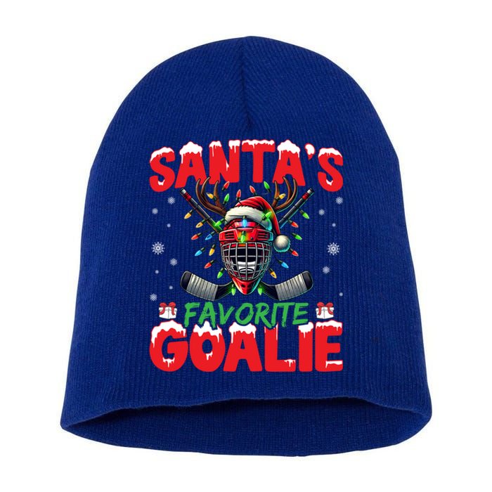 Santa’S Favorite Goalie Christmas Hockey Santa Hat Funny Gift Short Acrylic Beanie