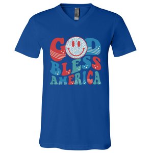 Smile Face God Bless America Usa 4th Of July Faith Christian Gift V-Neck T-Shirt