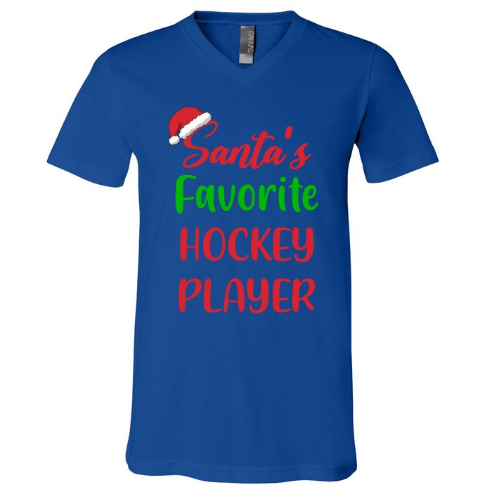 Santas Favorite Hockey Player Funny Hockey Christmas Gift V-Neck T-Shirt