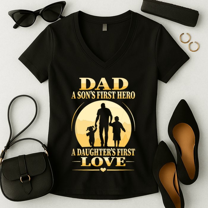 Sons First Hero Daughters First Love Is Dad Fathers Day Women's V-Neck T-Shirt