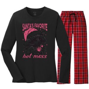 SantaS Favorite Hot Mess Funny Christmas Raccoon Women's Long Sleeve Flannel Pajama Set 