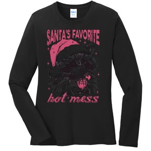 SantaS Favorite Hot Mess Funny Christmas Raccoon Ladies Long Sleeve Shirt