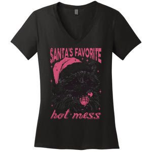 SantaS Favorite Hot Mess Funny Christmas Raccoon Women's V-Neck T-Shirt