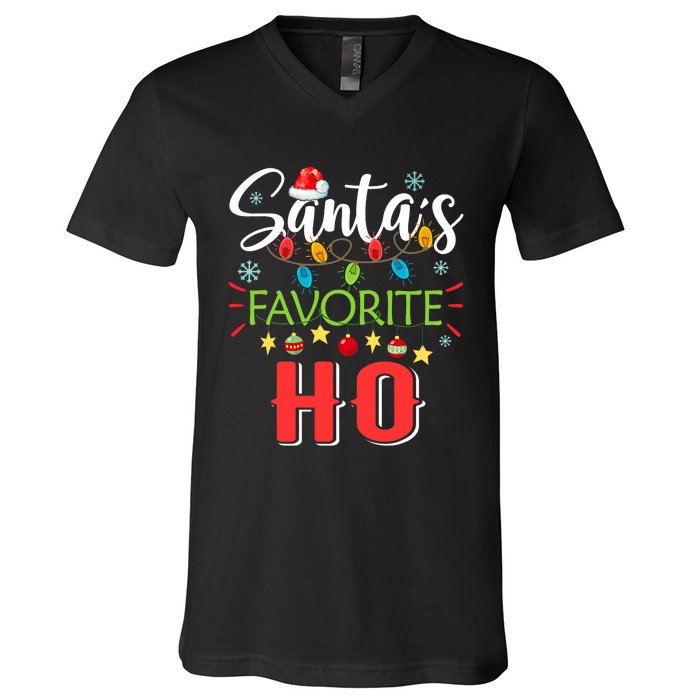 SantaS Favorite Ho Xmas Light Santa Hat Christmas Gift V-Neck T-Shirt