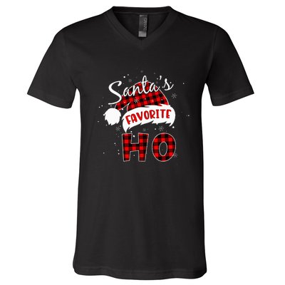 Santas Favorite Ho Christmas Red Plaid Buffalo Pajama V-Neck T-Shirt