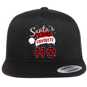 Santas Favorite Ho Christmas Red Plaid Buffalo Pajama Flat Bill Trucker Hat