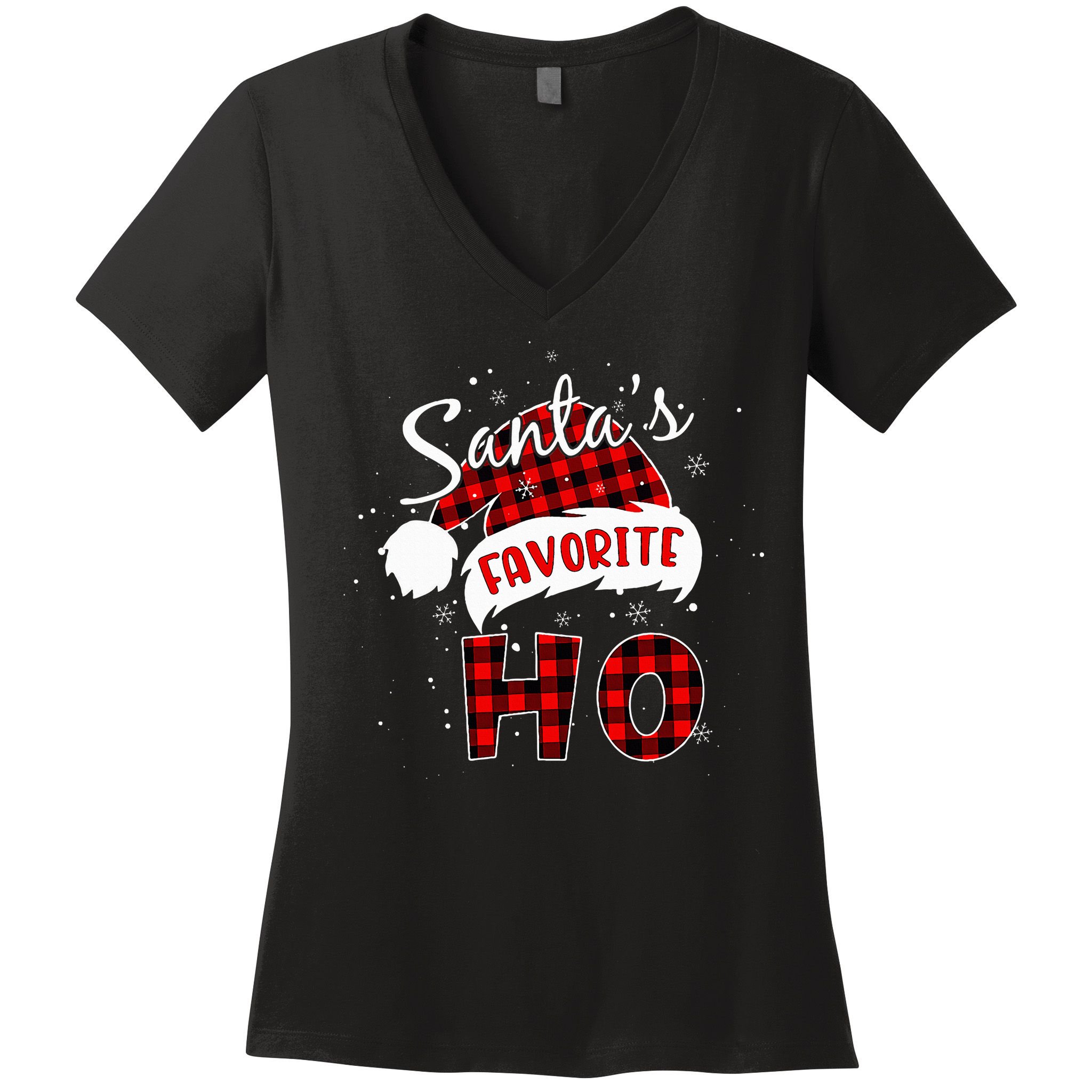 Santas Favorite Ho Christmas Red Plaid Buffalo Pajama Women's V-Neck T-Shirt
