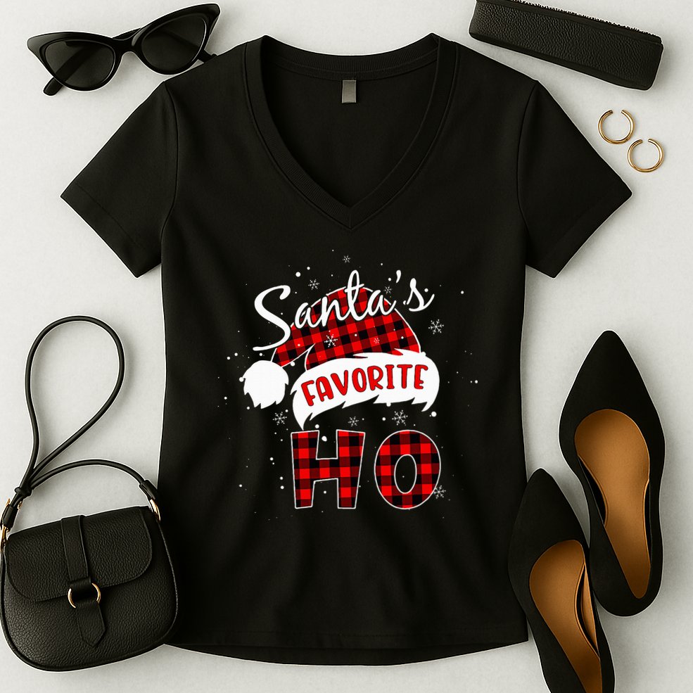 Santas Favorite Ho Christmas Red Plaid Buffalo Pajama Women's V-Neck T-Shirt