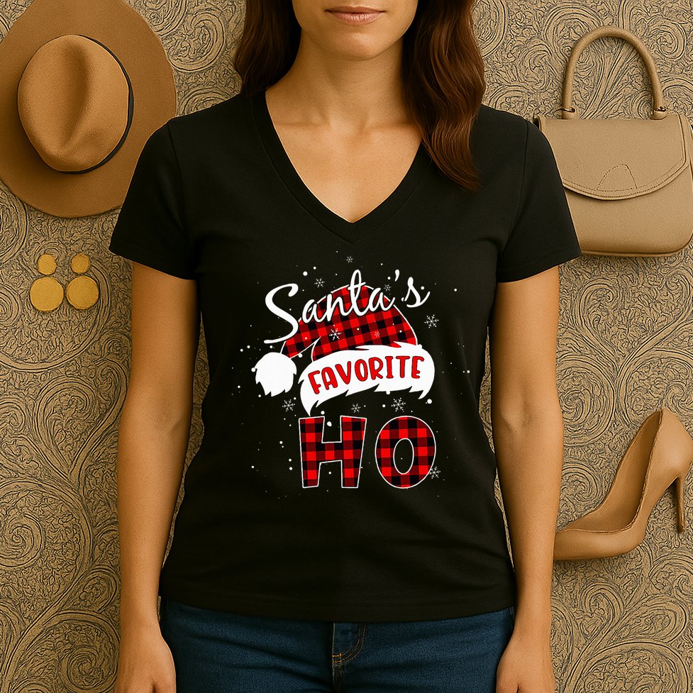 Santas Favorite Ho Christmas Red Plaid Buffalo Pajama Women's V-Neck T-Shirt