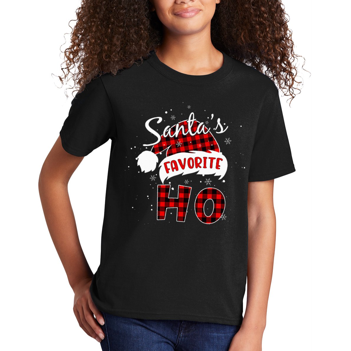Santas Favorite Ho Christmas Red Plaid Buffalo Pajama Kids T-Shirt