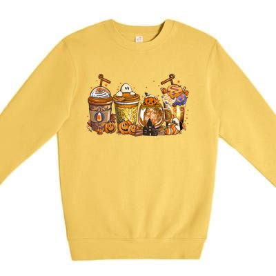 Scary Fall Halloween Horror Iced Coffee Pumpkin Spice Autumn Funny Gift Premium Crewneck Sweatshirt