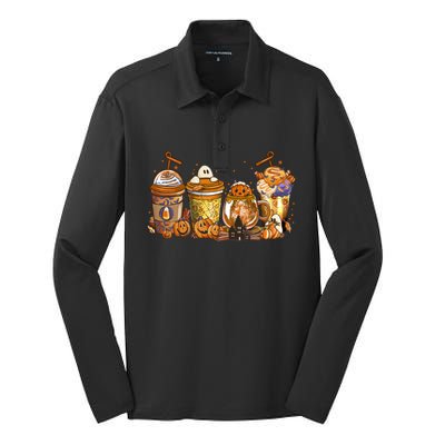 Scary Fall Halloween Horror Iced Coffee Pumpkin Spice Autumn Funny Gift Silk Touch Performance Long Sleeve Polo