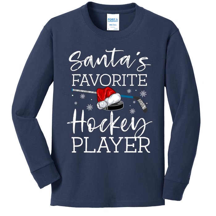 SantaS Favorite Hockey Player Funny Pajama Christmas Gift Kids Long Sleeve Shirt