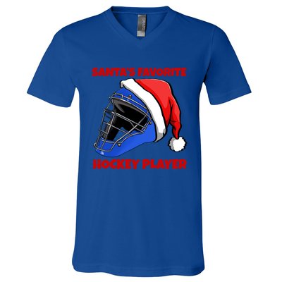 Santas Favorite Hockey Player Funny Hockey Game Gift V-Neck T-Shirt