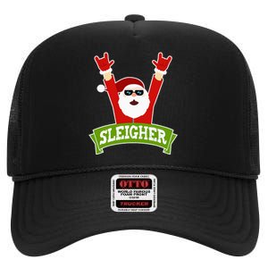 Sleigher Funny Heavy Metal Music Santa Christmas High Crown Mesh Back Trucker Hat