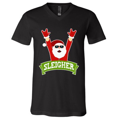 Sleigher Funny Heavy Metal Music Santa Christmas V-Neck T-Shirt