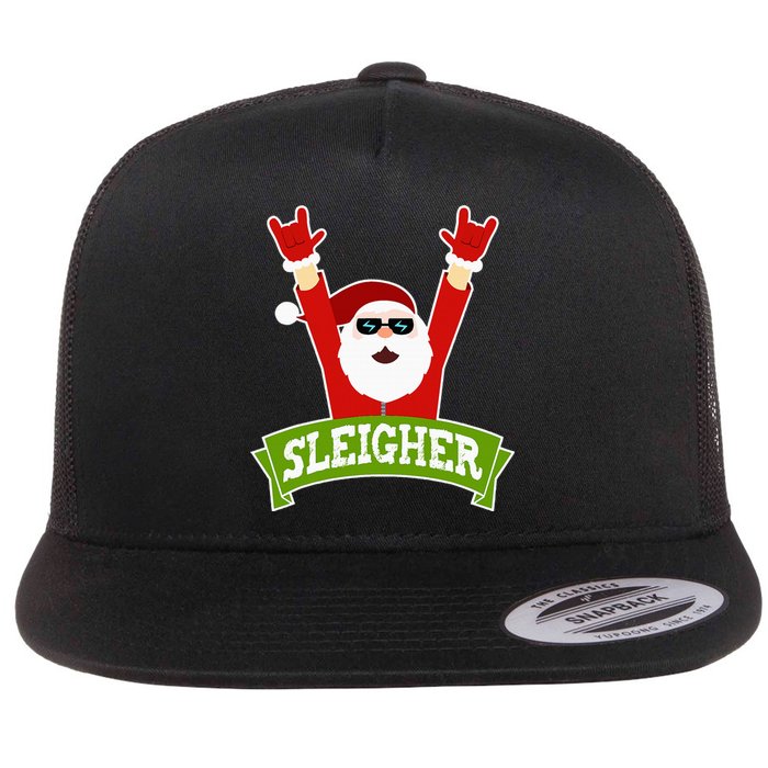 Sleigher Funny Heavy Metal Music Santa Christmas Flat Bill Trucker Hat