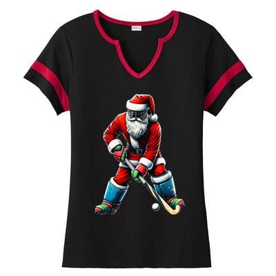 Santa Field Hockey Player Xmas Funny Sports Christmas Pajama Gift Ladies Halftime Notch Neck Tee