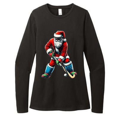 Santa Field Hockey Player Xmas Funny Sports Christmas Pajama Gift Womens CVC Long Sleeve Shirt