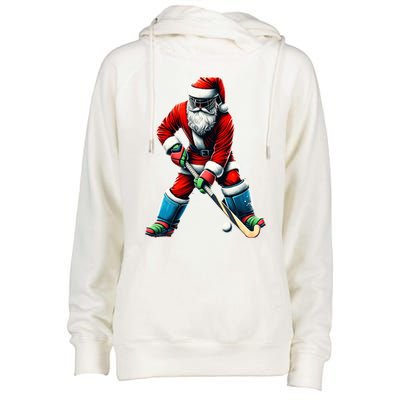 Santa Field Hockey Player Xmas Funny Sports Christmas Pajama Gift Womens Funnel Neck Pullover Hood