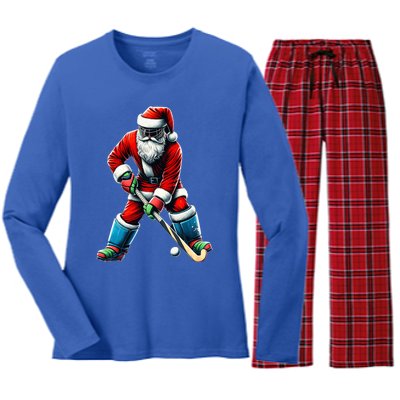 Santa Field Hockey Player Xmas Funny Sports Christmas Pajama Gift Women's Long Sleeve Flannel Pajama Set 