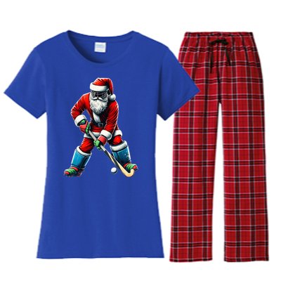 Santa Field Hockey Player Xmas Funny Sports Christmas Pajama Gift Women's Flannel Pajama Set