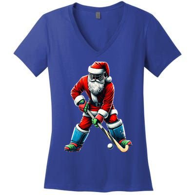 Santa Field Hockey Player Xmas Funny Sports Christmas Pajama Gift Women's V-Neck T-Shirt