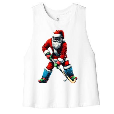 Santa Field Hockey Player Xmas Funny Sports Christmas Pajama Gift Women's Racerback Cropped Tank