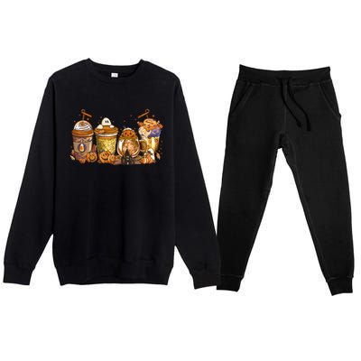 Scary Fall Halloween Horror Iced Coffee Pumpkin Spice Autumn Gift Premium Crewneck Sweatsuit Set