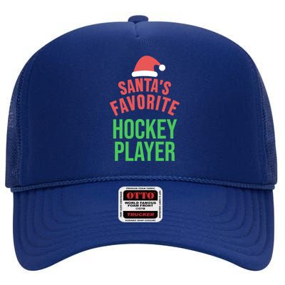 Santas Favorite Hockey Player Xmas Funny Christmas Gift High Crown Mesh Back Trucker Hat