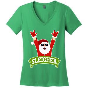 Sleigher Funny Heavy Metal Music Santa Christmas Women's V-Neck T-Shirt