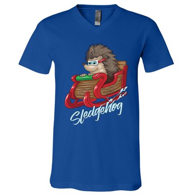 Sledgehog Funny Hedgehog Sleigh Pet Christmas Gift Great Gift V-Neck T-Shirt