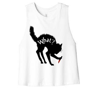 Scary Funny Halloween Black Cat With Knife What? Funny Gift Women's Racerback Cropped Tank