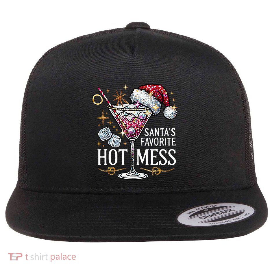 SantaS Favorite Hot Mess Christmas Holiday Margarita Drink Flat Bill Trucker Hat