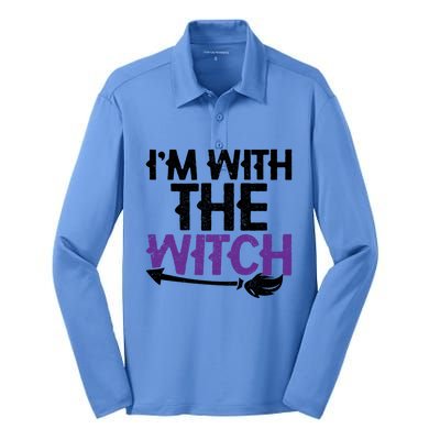 Sarcastic Funny Im With The Witch Halloween Couples Gift Silk Touch Performance Long Sleeve Polo