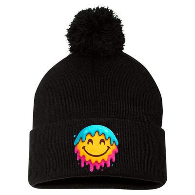 Smile Face Ice-Cream Drip Pom Pom 12in Knit Beanie